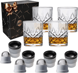 OLD BARREL Whiskey Glasses Set of 8 (4 Glasses with 4 Ice Ball Molds) 10oz Old Fashioned Crystal Glasses Gift Box – Bourbon, Scotch, Cocktail Rocks Glas – Gifts for Men, Dad, Birthday, Father’s Day