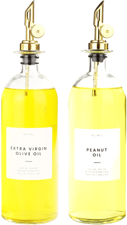 Molimoli Oil and Vinegar Dispenser with Metal Pour Spout, Glass Bottle Dispenser for Kitchen | Pantry Labels, Organization Labels Set with Oil Labels for Bottles, (White labels) 500ml Bottles Gold