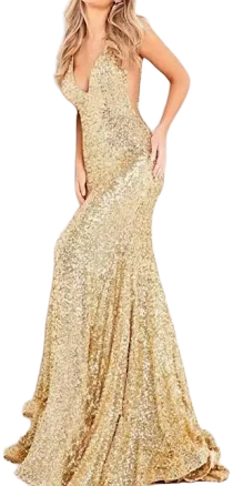 Fitted V Neckline Sequin Gown