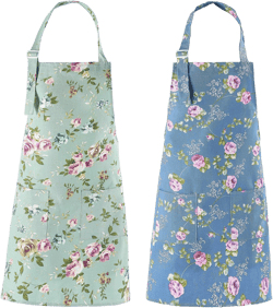 DDJYP Women Kitchen Apron-2 Pack, Cotton Canvas Flower Apron, Floral Pattern Apron with Pockets for Women Chef Apron(Green&Blue)