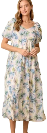 Floral Chiffon Puff Sleeve Midi Dress