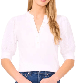 Cece Women's Cotton Puffed-Sleeve Mixed-Media Top