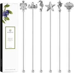 Homestia 7.5 Inches Stainless Steel Coffee Beverage Stirrers Drink Swizzle Stick with Animal Design, Set of 6 Cocktail Stirrers, Metal Cocktail Stir Sticks Stirring Drink Swizzle Stick Picks Tools Ocean Series