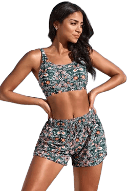 Elegant Floral Bikini Top with Boy Adjustable Straps and Short Set