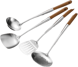 Wok Utensils for Carbon Steel, Stainless Steel Wok Spatula Metal, 4-Pieces 17 Inch Extra Long, Wok Tools Professional Set, Wooden Handle Skimmer, Soup Ladle, Slotted Turner