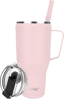 Sursip 40 oz Insulated Tumbler with Screw Lid - Stainless Steel Vacuum Cup with Straw and Handle, Keeps Drinks Cold up to 24 Hours - Sweat/Leak Proof, Dishwasher Safe, Fits Car Cup Holder (Pink)