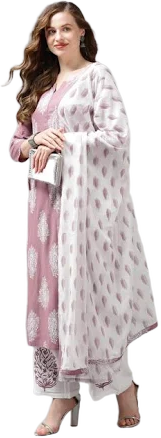 Yufta Women's Block Print Kurta with Palazzo and Dupatta Set