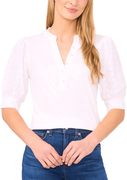 Cece Women's Cotton Puffed-Sleeve Mixed-Media Top