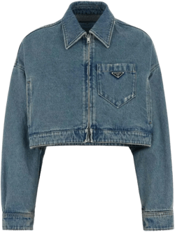Prada Women's Blue Cropped Denim Jacket Featuring Buttoned Cuffs
