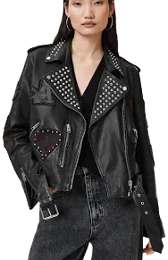 Allsaints Women's Relaxed Fit Studded Leather Biker Jacket