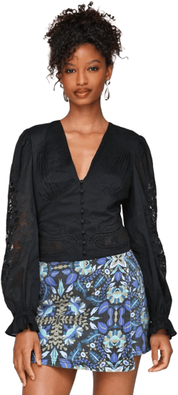 AVEC LES FILLES Women's Cotton Pintuck Lace-Trim Button-Front Blouse