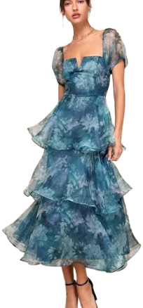 Lulus Floral Organza Puff Sleeve Tiered Midi Dress
