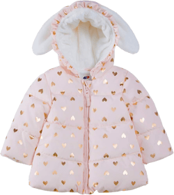 Rokka&Rolla Baby Girls' Water-Resistant Soft Mini Fur Lined Puffer Jacket Winter Coat for Newborn Infant Toddler 9-12 Months Pink Frost/Heart Foil Print