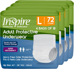 Inspire Protective Underwear for Men and Women | Adult Diapers for Bowel Incontinence | Disposable Underwear for Women and Men - 4 Bags of 18 | 72 Total (Large) Large 80.0