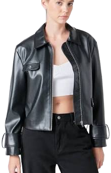 Grey Lab Women's Faux Leather Zip Crop Jacket