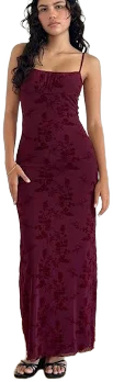 Motel Darsih Flocked Floral Maxi Cami Dress in burgundy-Red