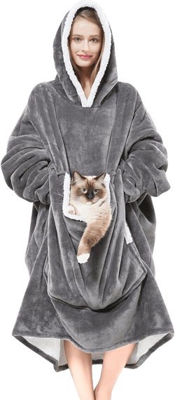 Wearable Blanket Hoodie with Giant Pocket （Pet Won't Leave） Extra Soft Sherpa Fleece Thick Warm ＆ Cozy Oversized Sweatshirt Blanket Jacket with Sleeves-Grey