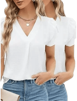 Vdj Women's Dressy Tops Casual Shirts Petal Short Sleeve V Neck Business Blouse Lightweight