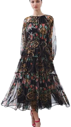 Peony Printed Ruffle Lantern Sleeve Maxi Dress