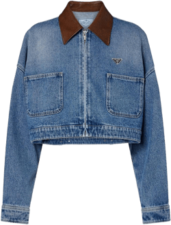 Prada Women's Blue Leather-Trimmed Cropped Denim Jacket