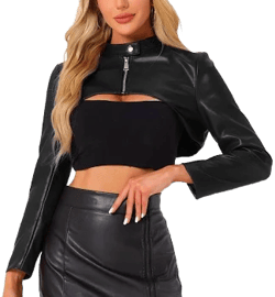 Women's Cropped Top Stand Collar Zipper Front Moto Biker Long Sleeve Jacket Coat
