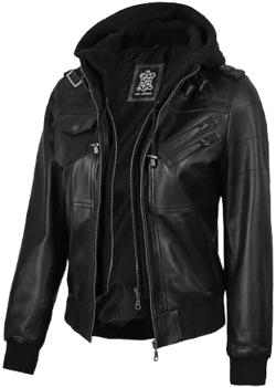 Women's Leather Bomber Jacket with Hood