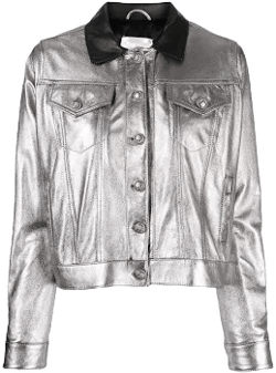 Women's Metallic Leather Cropped Biker Style Button-up Jacket