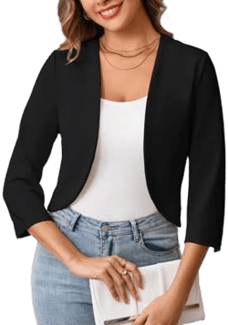 Women's Cropped 3/4 Sleeve Collarless Open Front Blazer