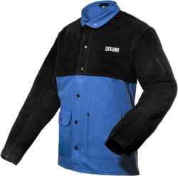QeeLink Welding Jacket Split Leather Sleeves | Premium Flame Resistant Cotton Body Welder Jackets Small Blue & Black