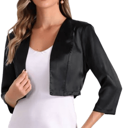 Elegant Satin 3/4 Sleeve Open Front Cropped Bolero Shrug