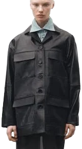 MANGO Women's Oversized Leather Jacket with Pockets