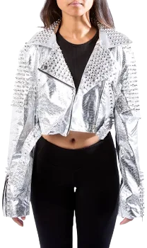 Azalea Wang Studded Metallic Faux Leather Moto Jacket