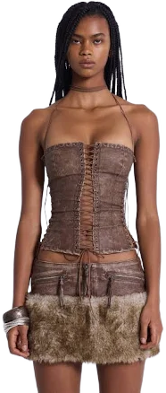 Jaded London Odile Faux Suede Lace Up Corset in Brown