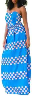 Ankara Checkerboard Sleeveless Bustier Belted Maxi Dress