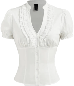 Woven Cotton-Blend V-Neck Short Sleeve Blouse with Lettuce Trim