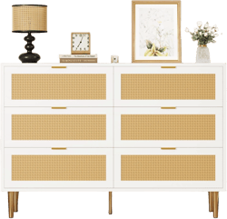 Rattan 6 Drawer Dresser, Farmhouse Wooden Chest of Drawers with 5 Metal Legs