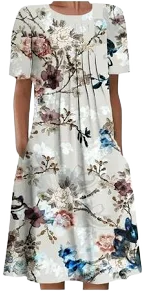 Women's Casual Loose Ditsy Floral Print Midi Dress with Pockets