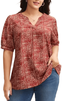 BloomChic Women's Geometric Puff Sleeve V-Notch Blouse