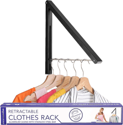 Single Foldable Clothing Rack, Wall-Mounted Retractable Clothes Hanger for Laundry Dryer Room, Hanging Drying Rod, Small Collapsible Folding Garment Racks, Dorm Accessories (Black)