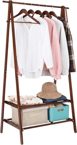 Bamboo Clothing Rack Foldable Clothes Hanging Stand with 2 Tier Storage Shelf for Laundry, Guest Room, Apartment, Entryway