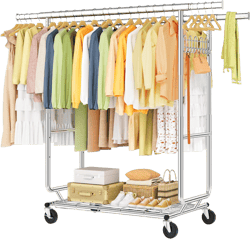 Hoctieon 2-Minute Assembly Double Rod Clothes Rack, Heavy Duty Rolling Clothing Racks with Wheels, Foldable Commercial Garment Rack, Extendable Hanging Bar, Adjustable Metal Pole with Hooks, Chrome Silver Double Rod