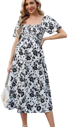 Floral Print Square Neck Maternity Maxi Dress With Short Sleeves And Ruffle Detail For Baby Shower, Women's, Size: Small, Green Floral