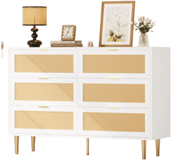Garvee Rattan 6 Drawer Dresser, Wooden Chest of Drawers with 5 Metal Legs, Golden Handles, Wide Double Drawer Dresser for Bedroom, Living Room, White