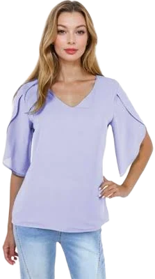 Anna-Kaci Women's V-Neck Blouse with Layered Split Flutter Sleeves and Relaxed Fit