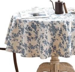 Cotton Linen Round Tablecloth - Pastoral Floral Tablecloth Washable Table Cloth for Kitchen Dining Room Table Cover for Party Dinner, Picnic, Round 55 Inchs Blue Flowers Round 55 inch