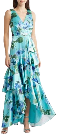 Eliza J Women's Floral-Print Satin Wrap-Style Gown