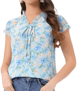 Women's Floral V Neck Ruffle Short Sleeve Chiffon Top