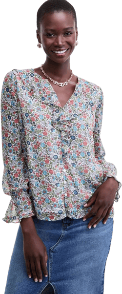 On 34th Women's Printed Ruffle Chiffon Blouse