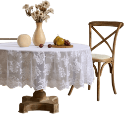 HLC.ME Jolene Floral Patterned Scalloped Tablecloth, Lace Fabric Table Cloth for Round Tables, Wrinkle Resistant - White, 90 Round