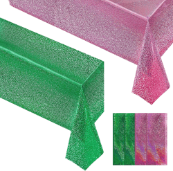 4-Piece Pink & Green Holographic Tablecloth, 40" x 108", Iridescent Plastic, Laser Shine Design, Perfect for Parties & Celebrations